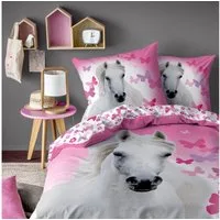 MTOnlinehandel Bettwäsche 135x200 + 80x80 cm Renforcé Pferde-Motiv rosa, 100% Baumwolle, 2 teilig, mit Blumen- und Schmetterlings-Design