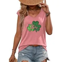PYLIKE Kurzarmshirt Damen Casual Achselhemd mit Klee Druck bequemes Tanktop Bequem für Freizeit und Büro,Strandurlaub
