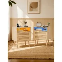 FiveWillowise Nachttisch 2er Set, Rattan Nachttisch mit LED-Leuchten und Steckdosen (2-St), Nachtschrank mit Offenem Raum und 2 Rattanflechtung Schubladen