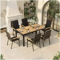 HOMALL Garten-Essgruppe 150/180cm Holzoptik Aluminiumtisch und Gartenstühle mit Holzarmlehnen, (7-tlg), Stapelbare Gartenstühle bis 160kg, rostfreier Aluminiumtisch bis 100kg