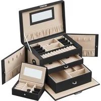 SONGMICS Schmuckkasten 3 Ebenen, 2 Schubladen, tragbare Mini-Box für Reisen, 18,2x26x17,4 cm, mit Griff, abschließbar, PU-Bezug in schwarz, Innenfutter in Sandbeige