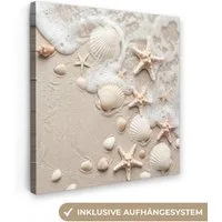 OneMillionCanvasses® Leinwandbild Muscheln - Seesterne - Strand, Fotodruck (1 St), Wandbild, Deko Schlafzimmer Wohnzimmer Flur 20x20 cm