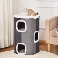 PawHut Kratztonne für Katzen 3 Ebenen Kletterbaum Spanplatte Polyester, (Katzenmöbel, 1-tlg., Kletterbaum), Grau+Weiß, 40 x 40 x 74 cm