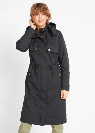 bonprix Langer Trenchcoat mit Kapuze tailliert leicht wattiert, schwarz, Gr.52, Klassischer Übergangsmantel mit abnehmbarer Kapuze, 100% Baumwolle