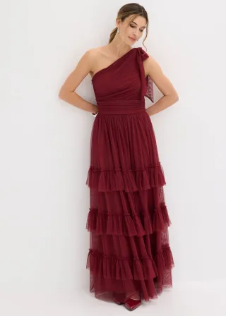 bonprix Abendkleid, rot, Gr.50, Feminines Maxikleid aus zartem Tüll mit One-Shoulder-Ausschnitt und Schleifen-Detail an der Schulter sowie Volants am Rock