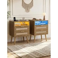 FiveWillowise Nachttisch 2er Set, Rattan Nachttisch mit LED-Leuchten und Steckdosen (2-St), Nachtschrank mit Offenem Raum und 2 Rattanflechtung Schubladen