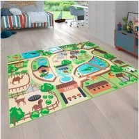 Paco Home Kinderteppich Bino 563, rechteckig, Höhe: 4 mm, Kurzflor, Straßen-Spiel-Teppich, Motiv Zoo, Kinderzimmer