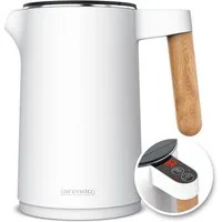 Arendo Wasserkocher Edelstahl, Temperatureinstellung 40° - 100 °C mit Anzeige, Doppelwand, 1,5 l, 2200 W, Warmhaltefunktion, 360° Basis, mit Griff in Holzoptik, BPA-frei