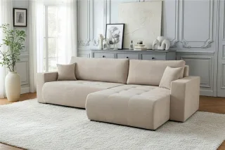 Ecksofa Schlafsofa Sofa ARMARI in Stoff Wind Beige Ottomane Links