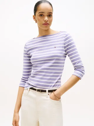 SLIM CODY BOAT-NK 3/4SLV purple/ecru stp - Gr. - M