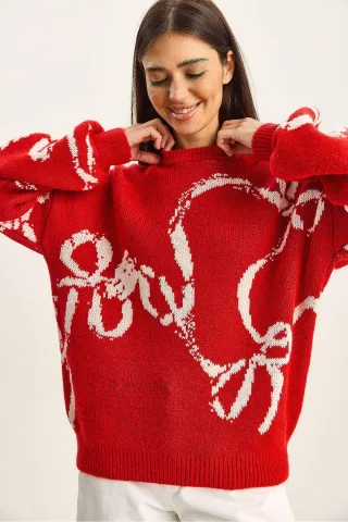 Oversized Rundhals Bedruckter Strickpullover