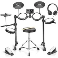 LALAHO E-Drum mit 4 Pads und 3 Becken Kinder Elektronisches Schlagzeug Set, E-Drum Kit 150 Töne 15 Schlagzeug-Kits, Kopfhörer Sticks Drumhocker