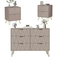 UEV Schlafzimmer-Set, 3er-Set Schlafzimmermöbel, Sparset Jugendzimmer-Set, (Kommode mit 6 Schubladen und 2er-Set Nachttisch, Modern Linienmuster, Skandinavisch Goldene Griffe und Füße), Schublade mit Soft-close, Sideboard mit Kisppschutz