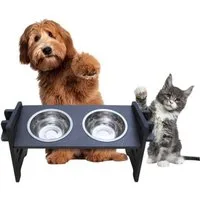 PEGSEN Futterstation Futternapf Station für kleine Hunde & Katzen aus Holz, inkl. 2 Metallnäpfe, höhenverstellbar, ergonomisch für eine gesunde Fütterungshaltung