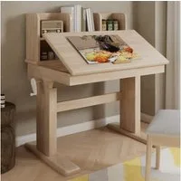 Flieks Kinderschreibtisch Höhenverstellbar, neigbare&klappbare Tischplatte 0°-43° & Bücherregal (B92/T60/H89-110,5 cm, 1-St., 1 Tisch), Multifunktional Schreibtisch aus Massivholz natur, ab 6 Jahren