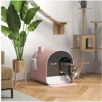 PawHut Katzentoilette Katzenklo mit Deckel inkl. Schaufel, ausziehbares Tablett, Toilette, Kunststoff, Rosa, 43 x 44 x 47 cm