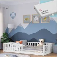 Bellabino Kinderbett Vere mit Rausfallschutz und Lattenrost (weiß mit Matratze, Kiefer Massivholz), Bodenbett verfügbar in 80x160 & 90/120/140x200 cm
