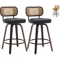 SeedWave Barhocker Retro Drehocker mit Rattan-Lehne, PU-Leder Drehsitz, Walnussholzbeinen, 2er Set Barstuhl mit ringförmigen Metall-Fußstützen