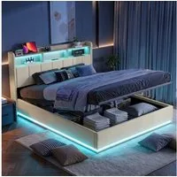 PXloue Polsterbett Doppelbett mit Stauraum (Funktionsbett), mit Kopfteil-Stauraum, LED-Beleuchtung, Samt, 140x200 cm