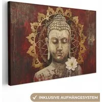 OneMillionCanvasses® Leinwandbild Buddha - Mandala - Blume - Rot - Gold - Zen, Fotodruck (1 St), Leinwand Bilder Klein, Wand Dekoration Aesthetic 30x20 cm