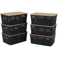 relaxdays Aufbewahrungsbox mit Bambusdeckel im Set, schwarz, 6er-Pack