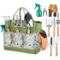 SURFOU Gartenpflege-Set 9tlg. Buchenholz Edelstahl Gartenwerkzeug Set mit Gießkanne, Mit Kelle, Rechen, Schaufel, Gartenschere, Tasche & Rutschgriffen.