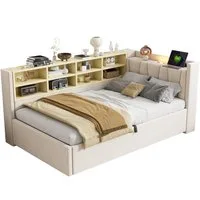 MODFU Schlafsofa Mit Hydraulischem Stauraum, Nachtlicht, USB & Typ-C Ladeanschlüssen, Samt,Polsterbett mit Ablagen und Staufächern, Multifunktionales Kinderbett 90x200 cm, ohne Matratze