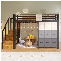 Flieks Hochbett Metallbett Kinderbett 140×200cm mit Kommode und Stauraumtreppe