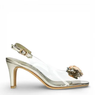 Laura Vita Damen-Sandalen Mira 05, durchsichtig-golden, zum Hineinschlüpfen, Cinderella-Stil, spitz zulaufender Absatz, Knöchelriemen