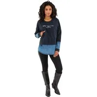 Gio Milano Rundhalspullover G29-7114, Pullover mit Jeansbesatz verlängerter Saum in Denim-Optik