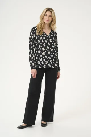 Langarm-Bluse Regular fit Black/White Flower Print floral