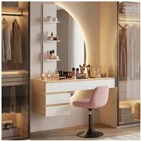 HOMALL Schminktisch Hängender Schminktisch mit drei einstellbaren Farbtemperaturen (LED-Silikon-Lichtleiste in drei Farben, Maße: 106 × 40 × 143 cm, mit 3 offenen Ablagefächern und 2 Schubladen, für vielfältige Einsatzmöglichkeiten geeignet)
