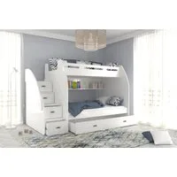 thematys Etagenbett oben 90x200 / unten 120x200cm, Treppe und Ausziehbett für 3 Kinder (Optional mit 2 Matratzen, Stockbett aus Holz, Treppe beidseitig montierbar)