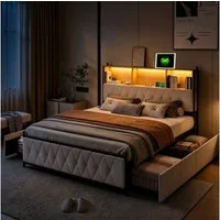 PXloue Polsterbett Doppelbett 180x200 mit LED Licht und Ladefunktion (Mit Lattenrost und Ladefunktion, Samtmaterial Stauraumbett), Modernes Jugendbett, mit Bettrahmen und 4 Schubladen, Samt, 180x200cm
