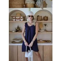 SASSYCLASSY Minikleid Sommerkleid mit dekorativer Zackenborte Damen Lockeres Minikleid mit ausweitenem Schnitt und ärmellosem Design