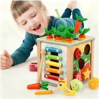 POPOLIC Motorikwürfel 6-in-1 Activity-Spielzeug für Babys ab 12 Monaten – Motorikwürfel, (mit Uhr, Xylophon, Magnetspiel, Zahnrädern & Zubehör aus Holz, 1-tlg), Lernspielzeug zur Frühförderung und Aufbewahrungsbox