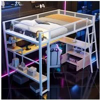 Odikalo Hochbett 140x200 Jugendbett mit Schreibtisch LED und Stauraum (Metall-Gaming-Hochbett (140 x 200 cm) mit integriertem Arbeitsplatz, LED-Beleuchtung und viel Stauraum)