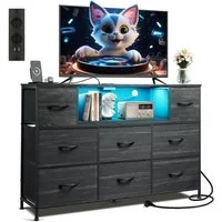 WLIVE Kommode mit 8 Stoffschubladen, LED-Beleuchtung und Ladestation (Aufbewahrungsschrank mit Holzplatte und Metallgestell, Aufbewahrungsschrank mit Holzplatte und Metallgestell), Schlafzimmerkommode für Wohnzimmer, Flur und Schlafzimmer