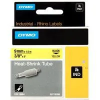 Rhino ORIGINAL IND Heißschrumpfschlauch 9mm x 1,5m, schwarz auf gelb, Etiketten- Schrumpfschlauch für Durchmesser 1,73-3,73 mm, 18054