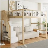 Flieks Hochbett Kinderbett 140x200cm mit Stauraumtreppe, Rausfallschutz und Lattenrost