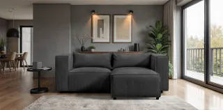 Ecksofa Designersofa NEVIO XS in Stoff Lincoln Schwarz Ottomane Rechts