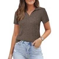 Arach&Cloz Poloshirt Damen Wollmischung Poloshirt Kurzarmpullover Strickpullover Volltonfarbe V-Shirt Tops Business Casual Kurzarmshirt Wollpullover