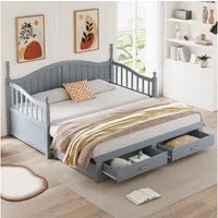 Merax Daybett 90x190/180x190 cm mit Ausziehbett (1 tlg), Kiefer Schlafsofa Tagesbett mit 2 Schubladen, Rückenlehne & Armlehnen
