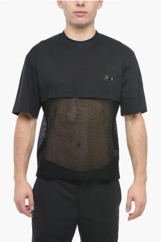 Slim Fit Mesh-T-Shirt mit Rundhalsausschnitt und Piercing in Schwarz