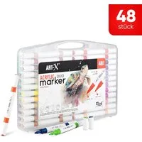 ART-X Marker Acryl Marker Set - 48 Farben, Doppelspitzen, Für Profis & Künstler, (Doppelspitzen-Marker-Set, 48 Farben, doppelseitig mit feiner und breiter Spitze), Wasserbasis, Ungiftig, Schnelltrocknend, Doppelseitig