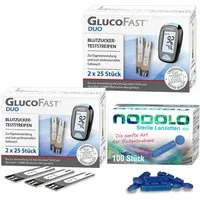 GLUCOFAST Blutzucker-Teststreifen DUO, 100 Diabetes Teststreifen und 100 Nodolo Lanzetten, 1-tlg., Für das Glucofast DUO