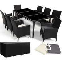 tectake Sitzgruppe Aluminium Rattan Gartenlounge mit Bezügen, inklusive Schutzhülle, (Loungeset Menorca, 9-tlg., für Außen in Schwarz), wetterfest und UV-beständig, mit Sicherheitsglasplatten, pflegeleicht