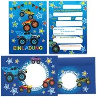 JUNAPACK Einladungskarten Monster Truck zum Kindergeburtstag Jungen Einladungen Auto Umschläge, Einladungskarten mit Umschlägen zum Kindergeburtstag Monster Truck