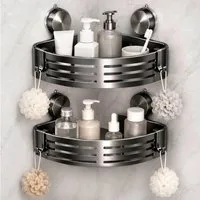 FANNOU Duschregal Duschablage ohne Bohren Ecke, 2er-Set Duschregal mit Saugnapf 8 Haken, Kunststoffmaterial, Badregal ohne Bohren, Eckregal Bad