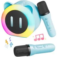 Forrlite Mikrofon Mini Bluetooth Karaoke Maschine mit 2 Drahtlosen Mikrofonen (mit Sprachveränderungseffekten und LED-Licht), Tragbare Bluetooth Lautsprecher Box, Jungen Mädchen Geschenke